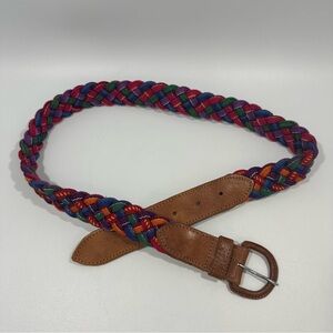 Vintage Guatemalan Handwoven Colorful Rainbow Fabric & Brown Leather Belt M